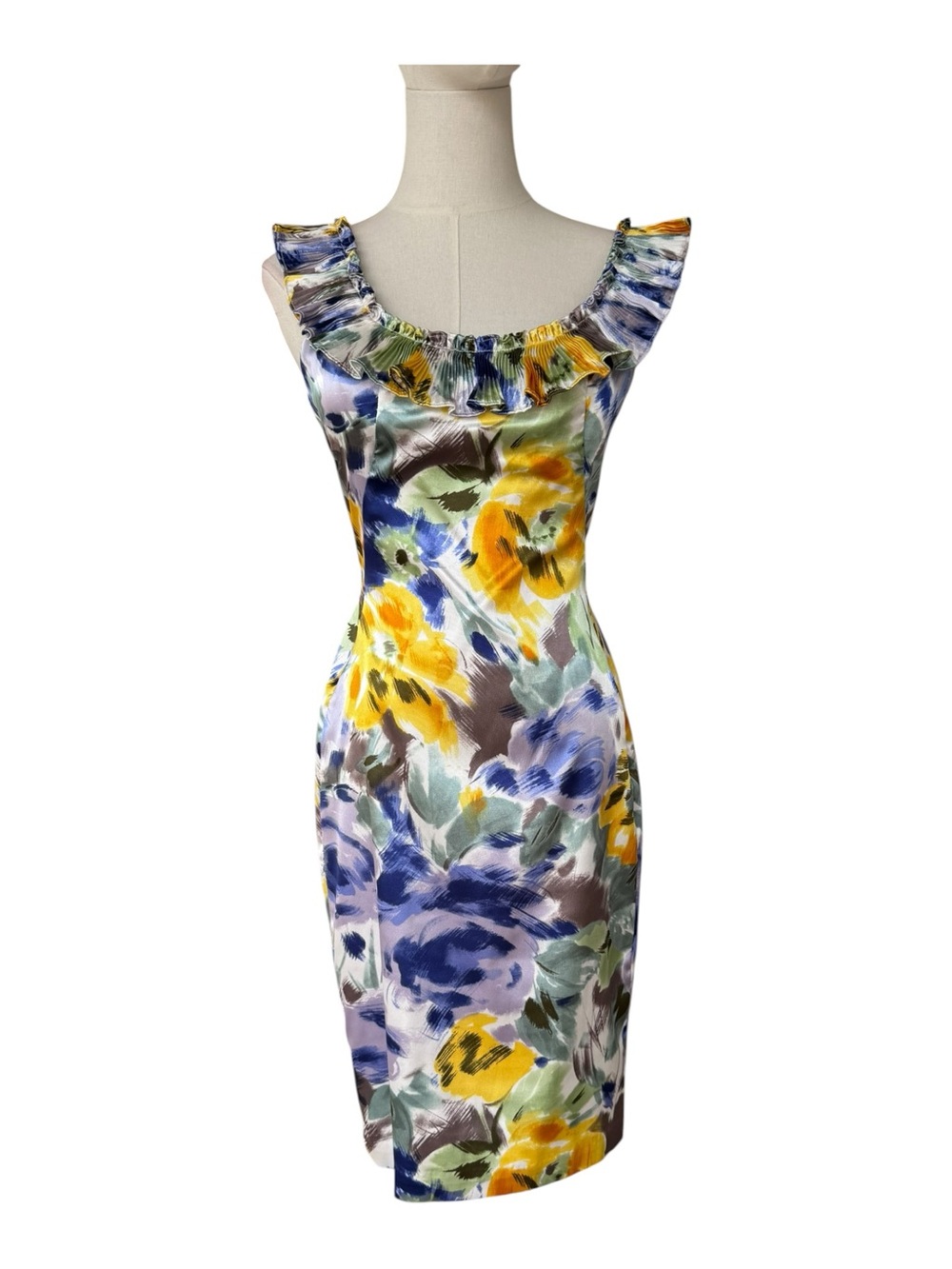 Maggy London Floral Pleated Ruffle Neck Sheath Dress Size 2 - Picture 5 of 11